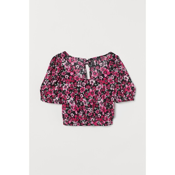 H&M Bluzka z bufiastym rękawem 0860630003 Czarny/Różowe kwiaty