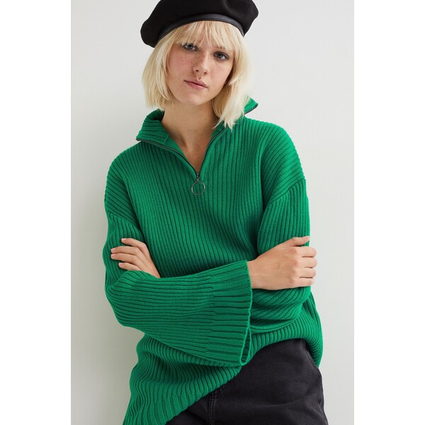 H&M Sweter o splocie w prążki z suwakiem u góry 1017155003 Zielony