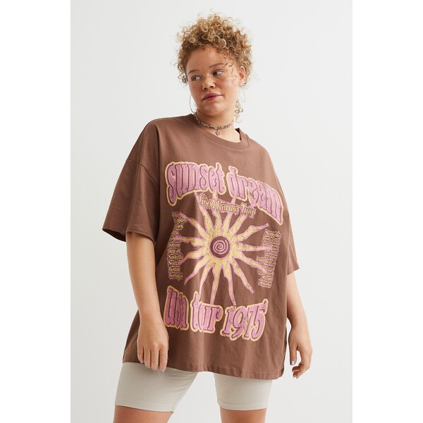 H&M T-shirt oversize z nadrukiem 1072303002 Brązowy/Sunset Dream