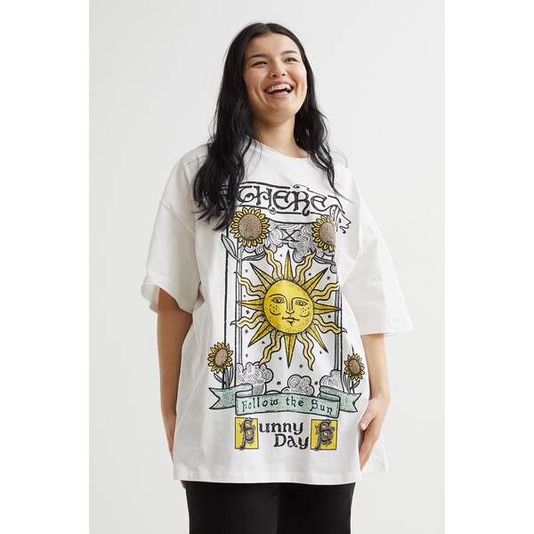 H&M T-shirt oversize z nadrukiem 1072303002 Kremowy/Słońce