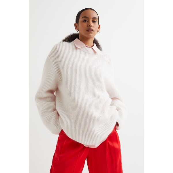 H&M Sweter w prążki z domieszką wełny 1062222001 Biały