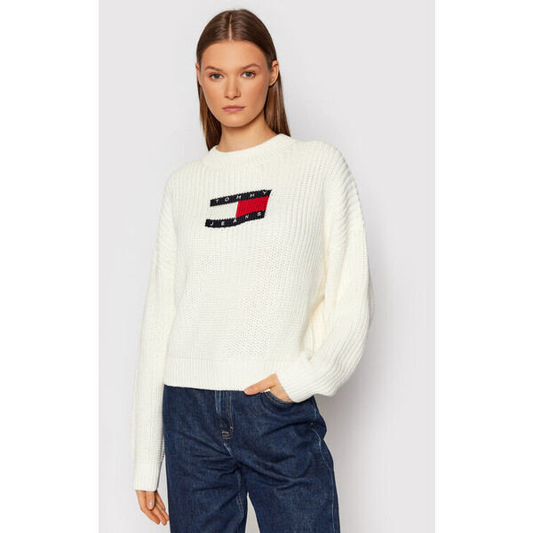 Tommy Jeans Sweter Center Flag DW0DW11001 Biały Relaxed Fit