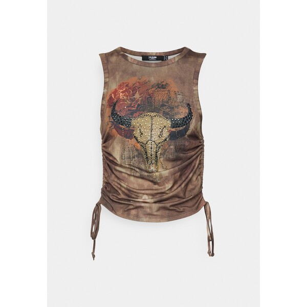 Jaded London RUCHED SIDE TANK BULL PRINT WITH RHINESTONE DETAIL Top brown JL021D031-O11