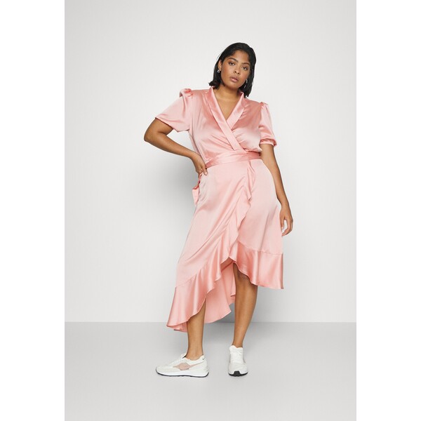 Glamorous Curve RUFFLE WRAP MIDI DRESS WITH TIE BELT PUFF SLEEVES Sukienka koktajlowa peach pink GLA21C09C-J11