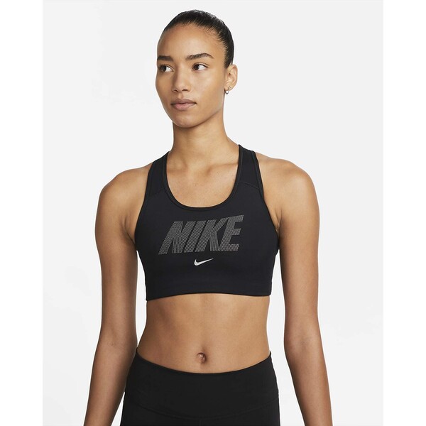 Damski stanik sportowy z miękkimi miseczkami, metaliczną grafiką i średnim wsparciem Nike Swoosh