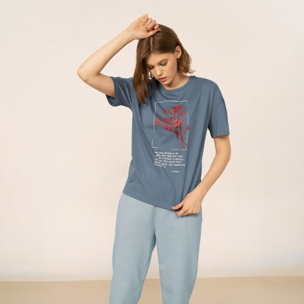 Outhorn Damski t-shirt z nadrukiem OUTHORN OTHAW22TTSHF048 - niebieski