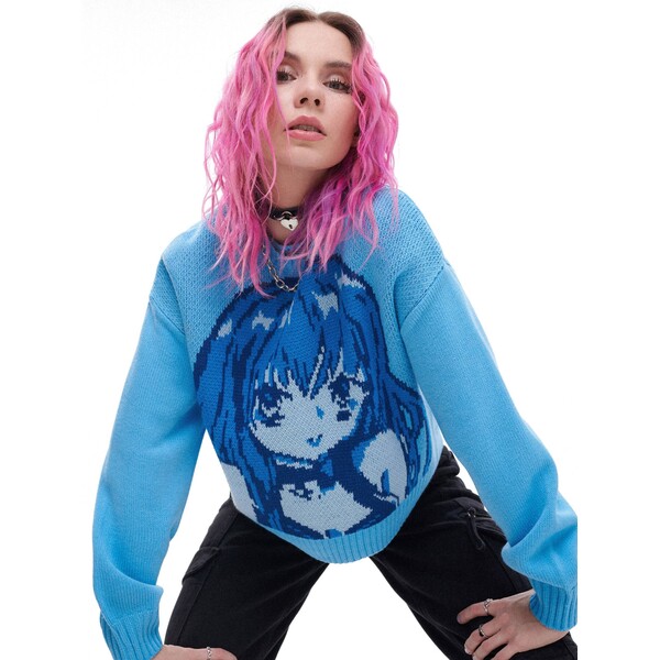 Cropp Niebieski sweter z motywem mangi 2119S-05X