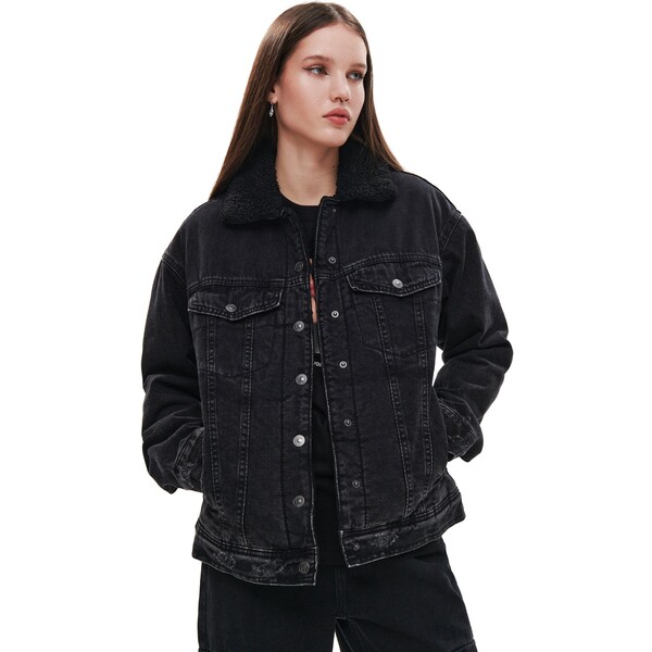 Cropp Czarna kurtka jeansowa sherpa 1497S-99J