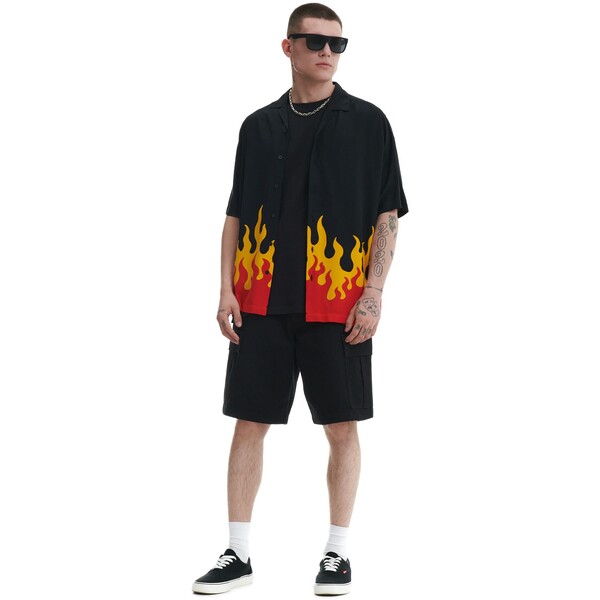 Cropp Czarna koszula z motywem płomieni 3325R-99X