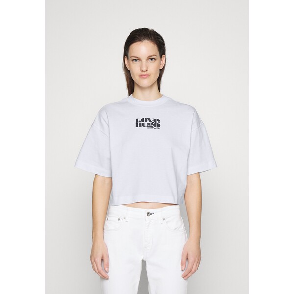 HUGO CROPPED TEE T-shirt z nadrukiem white HU721D0AE-A11