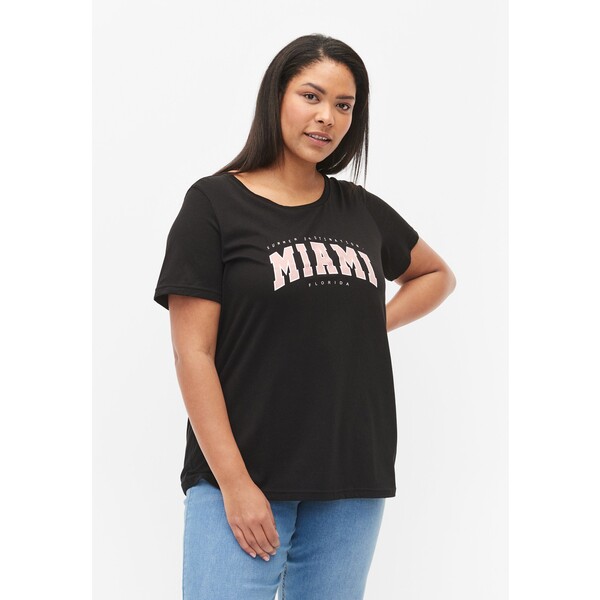 Zizzi MIT PRINT-DETAIL T-shirt z nadrukiem black miami Z1721D10R-Q11