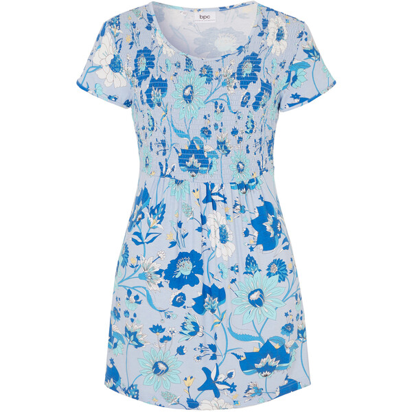 Bonprix Tunika shirtowa z przeszyciem cienkimi gumkami, krótki rękaw niebieski oceaniczny w kwiaty