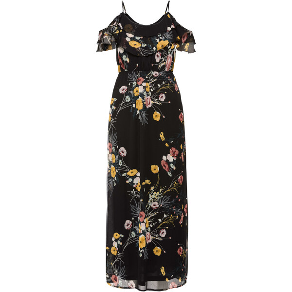 Bonprix Długa sukienka z odsłoniętymi ramionami, w kwiatowy deseń czarny z nadrukiem