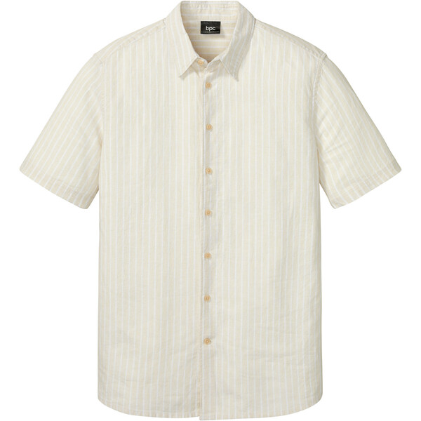 Bonprix Koszula z krótkim rękawem, z materiału z domieszką lnu beżowy piaskowy w paski
