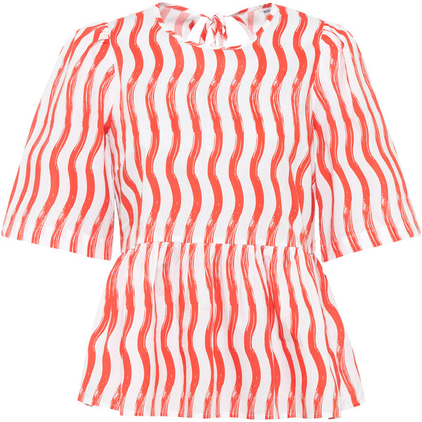Bonprix Bluzka z dekoltem z tyłu biel wełny - czerwony z nadrukiem
