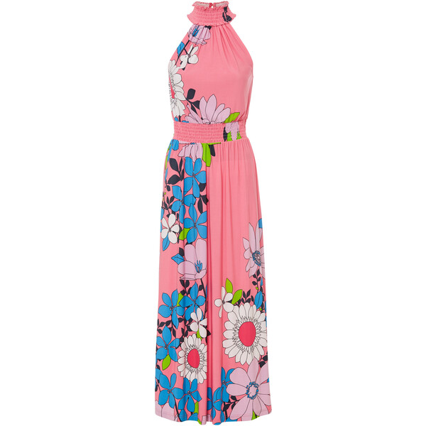 Bonprix Sukienka maxi z dekoltem halter różowy w kwiaty
