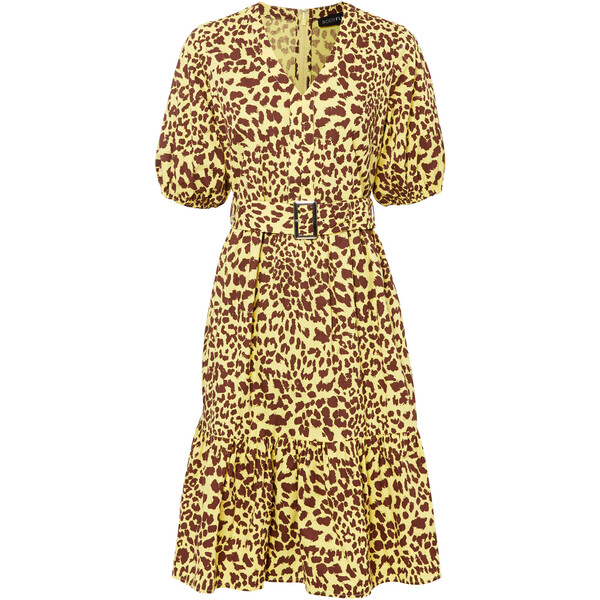 Bonprix Sukienka z paskiem w talii żółty kukurydziany - czerwony brązowy leo z nadrukiem