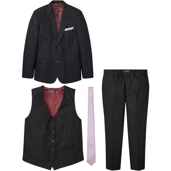 Bonprix Garnitur (kompl. 4-częściowy): marynarka, spodnie, kamizelka, krawat czarny