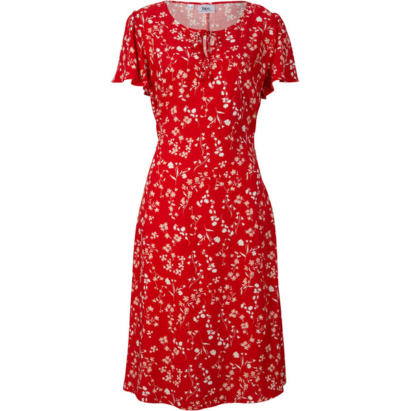 Bonprix Sukienka midi z wiskozy z falbanami, długość do kolan czerwony pomidorowy w kwiaty