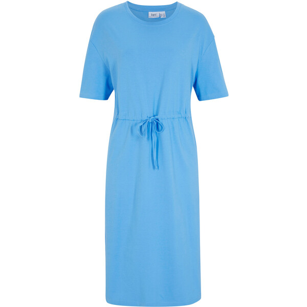 Bonprix Sukienka z dżerseju z wiązanym paskiem, z rozcięciem z boku, dł. do łydki niebieski brylantowy