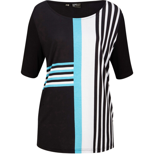 Bonprix T-shirt z nadrukiem i półdługimi rękawami czarno-biało-głęboki niebieski wodny