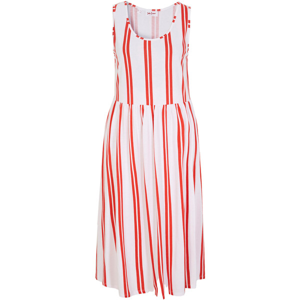 Bonprix Sukienka shirtowa midi w paski biel wełny - czerwony brylantowy w paski