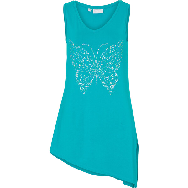 Bonprix Asymetryczny długi top z połyskującym motylem szmaragdowy/srebrny