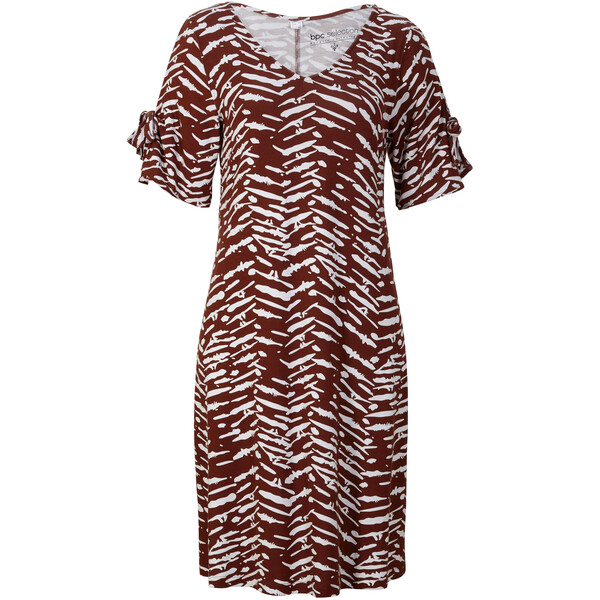 Bonprix Sukienka shirtowa ze zrównoważonej wiskozy brązowy mahoniowy - biały