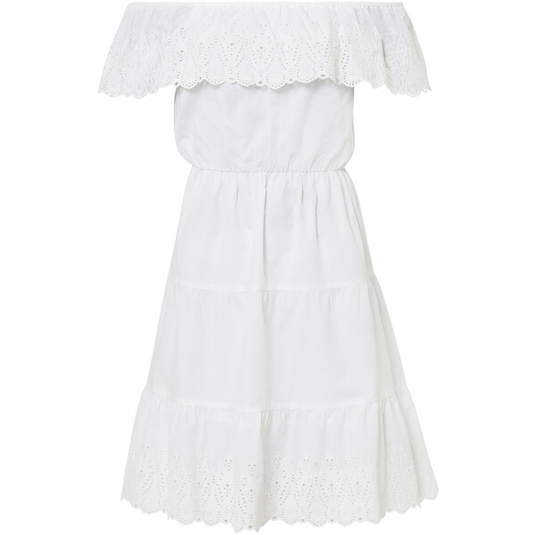 Bonprix Sukienka z dekoltem carmen i ażurowym haftem biały