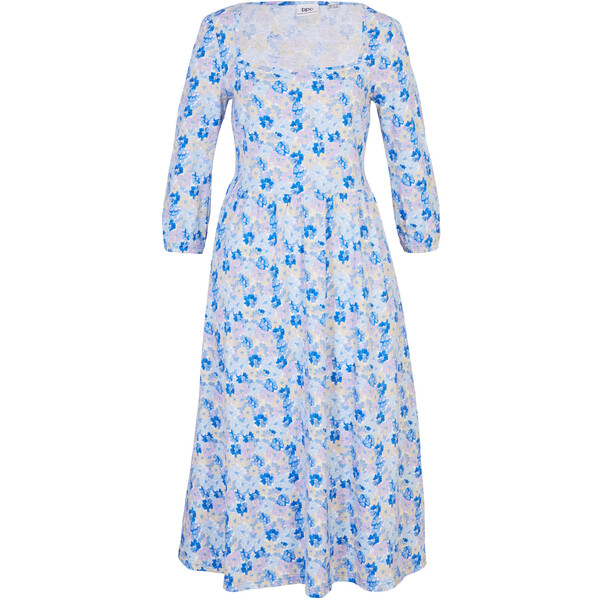 Bonprix Sukienka midi z przeszyciem cienkimi gumkami i kieszeniami, z bawełny niebieski w kwiaty