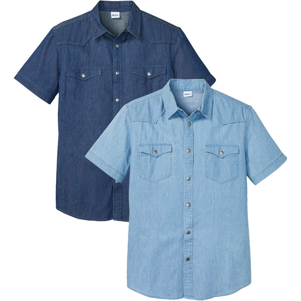 Bonprix Koszula dżinsowa, Slim Fit, krótki rękaw (2 szt.) jasnoniebieski denim + niebieski denim