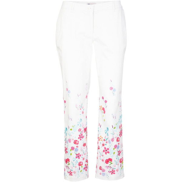 Bonprix Spodnie ze stretchem biało-różowy w roślinny wzór