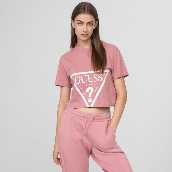 Damski t-shirt z nadrukiem GUESS ADELE CROP T-SHIRT - różowy