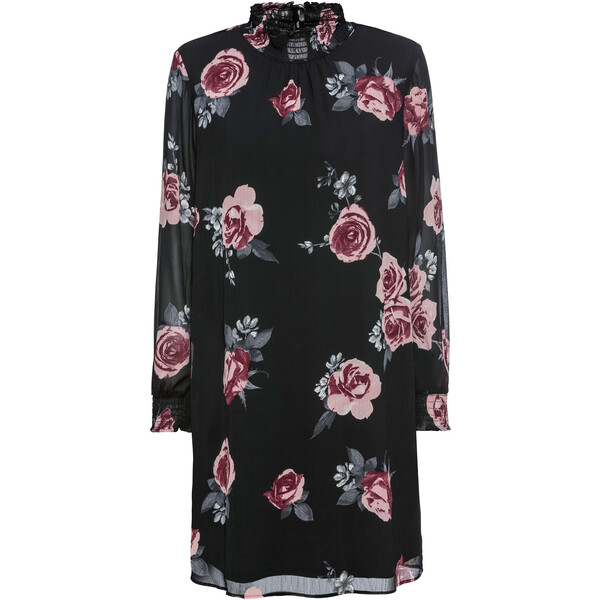 Bonprix Sukienka szyfonowa z kołnierzykiem marszczonym cienkimi gumkami czarny w kwiaty
