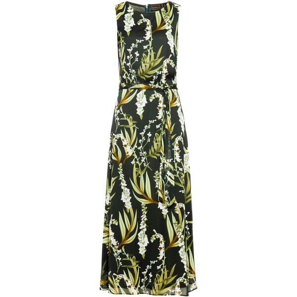 Bonprix Długa sukienka z nadrukiem nocny oliwkowy - biel wełny w kwiaty
