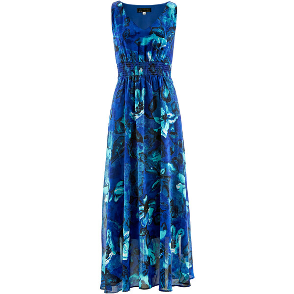 Bonprix Długa sukienka szyfonowa niebieski z nadrukiem
