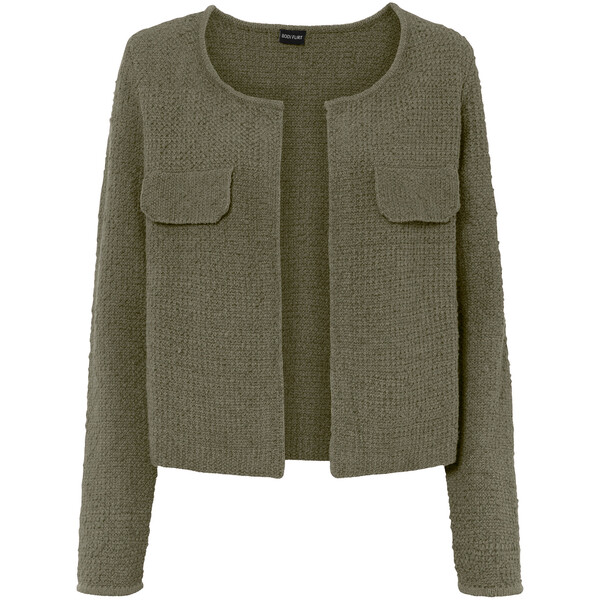 Bonprix Krótki sweter bez zapięcia oliwkowy
