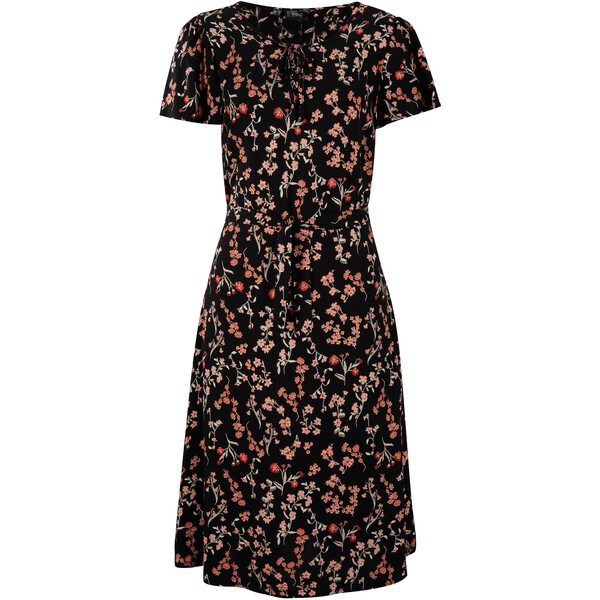 Bonprix Sukienka midi z wiskozy z falbanami, długość do kolan czarny w kwiaty