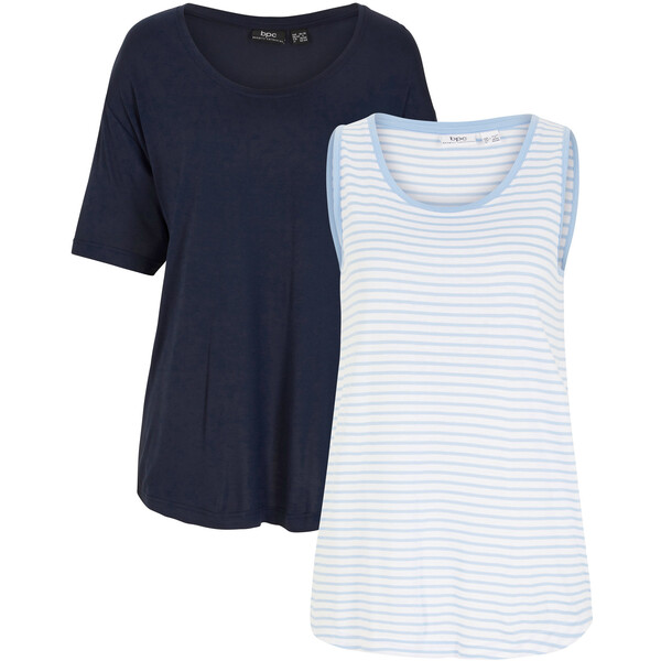 Bonprix Luźniejszy t-shirt + top w paski z wiskozy (2 części) ciemnoniebieski + perłowy niebieski - biały w paski