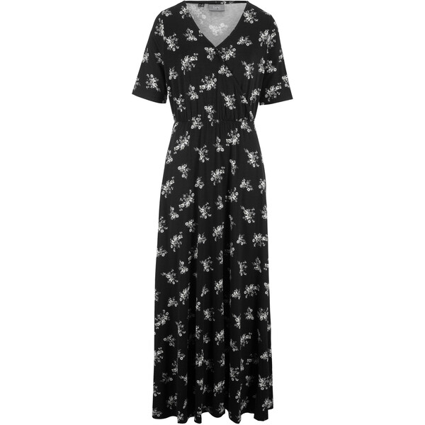 Bonprix Długa sukienka z nadrukiem, krótki rękaw czarny w kwiaty