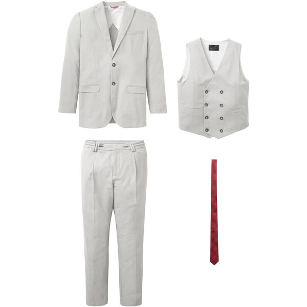 Bonprix Garnitur (4 części): marynarka, spodnie, kamizelka, krawat jasnoszary melanż