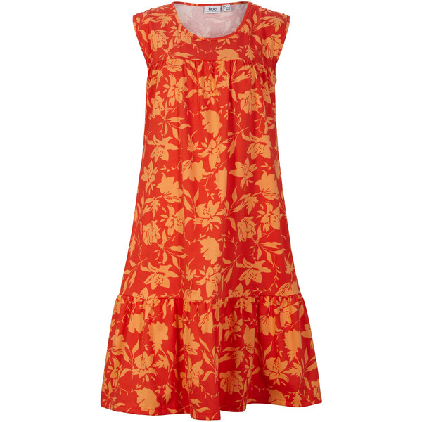 Bonprix Sukienka z falbaną, w długości do kolan czerwony sygnałowy - nektarynka z nadrukiem