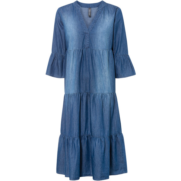 Bonprix Sukienka dżinsowa z falban niebieski denim