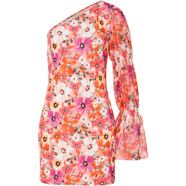 Bonprix Sukienka one-shoulder jasnoróżowo-różowy w kwiaty