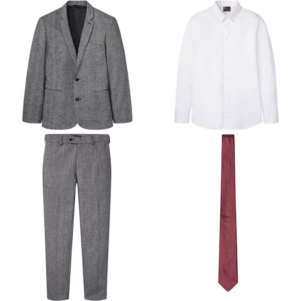 Bonprix Garnitur (4 części): marynarka, spodnie, koszula i krawat Slim Fit czarno-biało-biały melanż