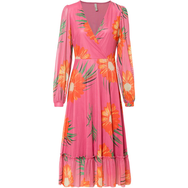 Bonprix Sukienka z efektem założenia kopertowego soczysty jasnoróżowy - pomarańczowy w kwiaty