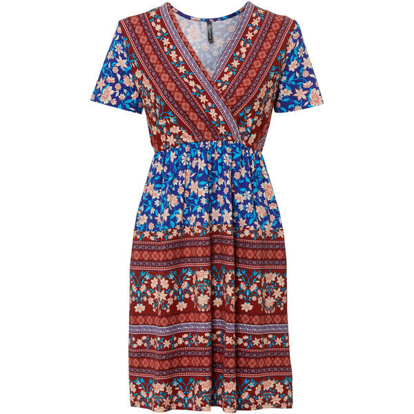 Bonprix Sukienka z dżerseju ze zrównoważonej wiskozy czerwony karminowy - błękit królewski z nadrukiem