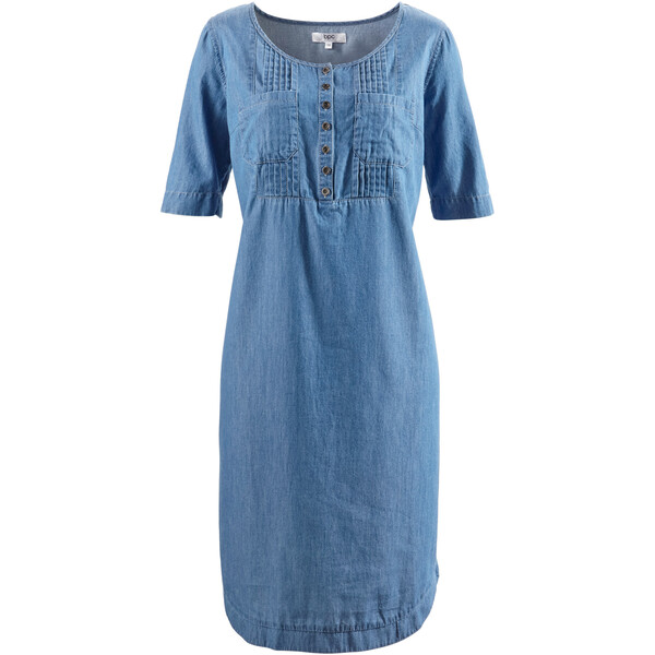 Bonprix Sukienka bawełniana dżinsowa w długości do kolan, krótki rękaw niebieski "stone”