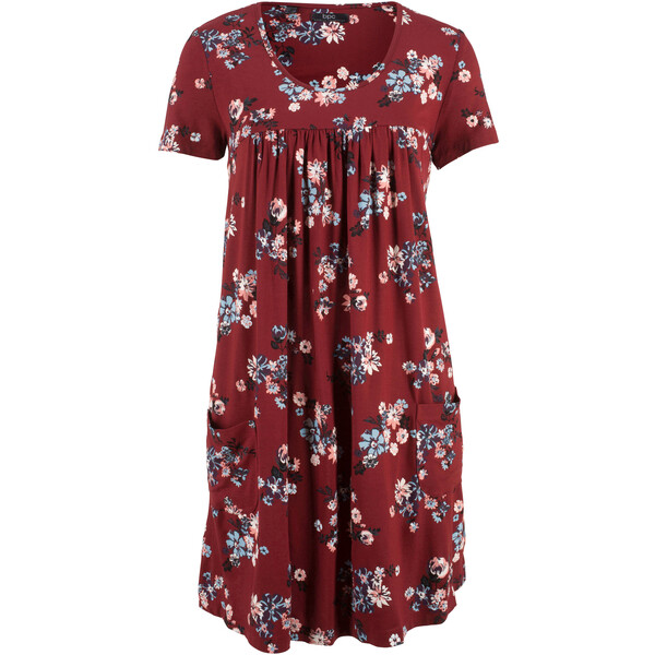 Bonprix Krótka sukienka z dżerseju ze zrównoważonej wiskozy, krótki rękaw czerwony kasztanowy w kwiaty
