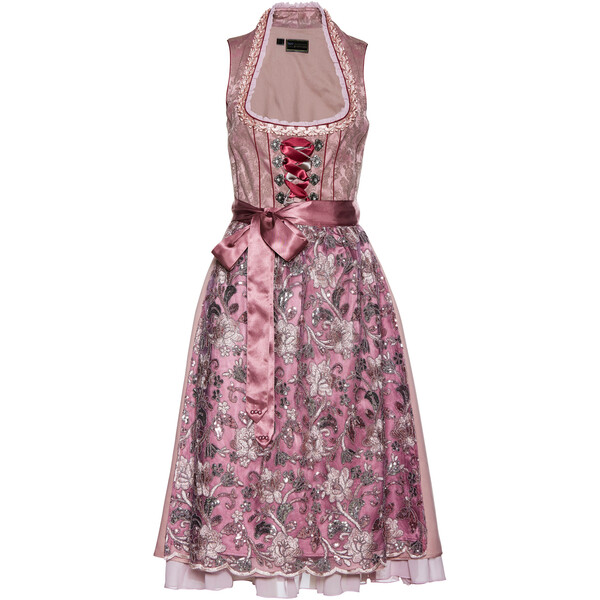 Bonprix Sukienka w ludowym stylu w żakardowy deseń, z haftowanym fartuchem (2 części) różowo-brązowy wzorzysty